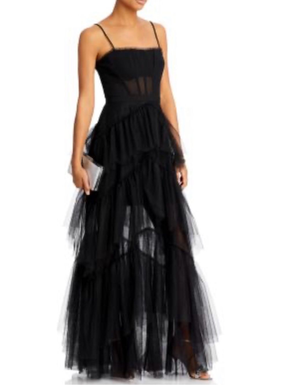 BCBGMAXAZRIA Black‎ Tulle Midi Dress Womens Size 0 Layered Ruffle Corset Party